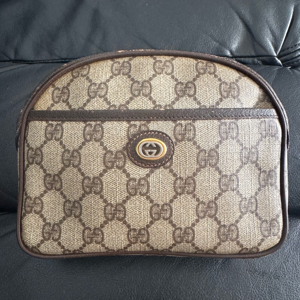 Gucci Beige and Brown Monogram Pouch Preloved Used